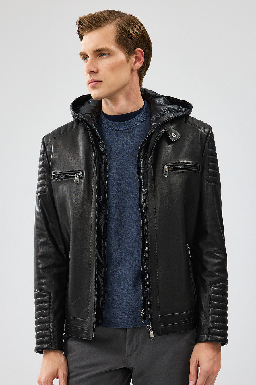 Lyon Men's Black Hooded Leather Jacket