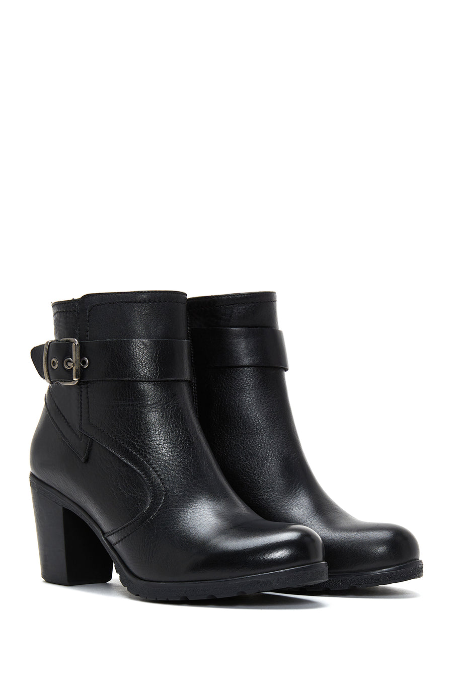 Women's Leather Buckle Heeled Boots