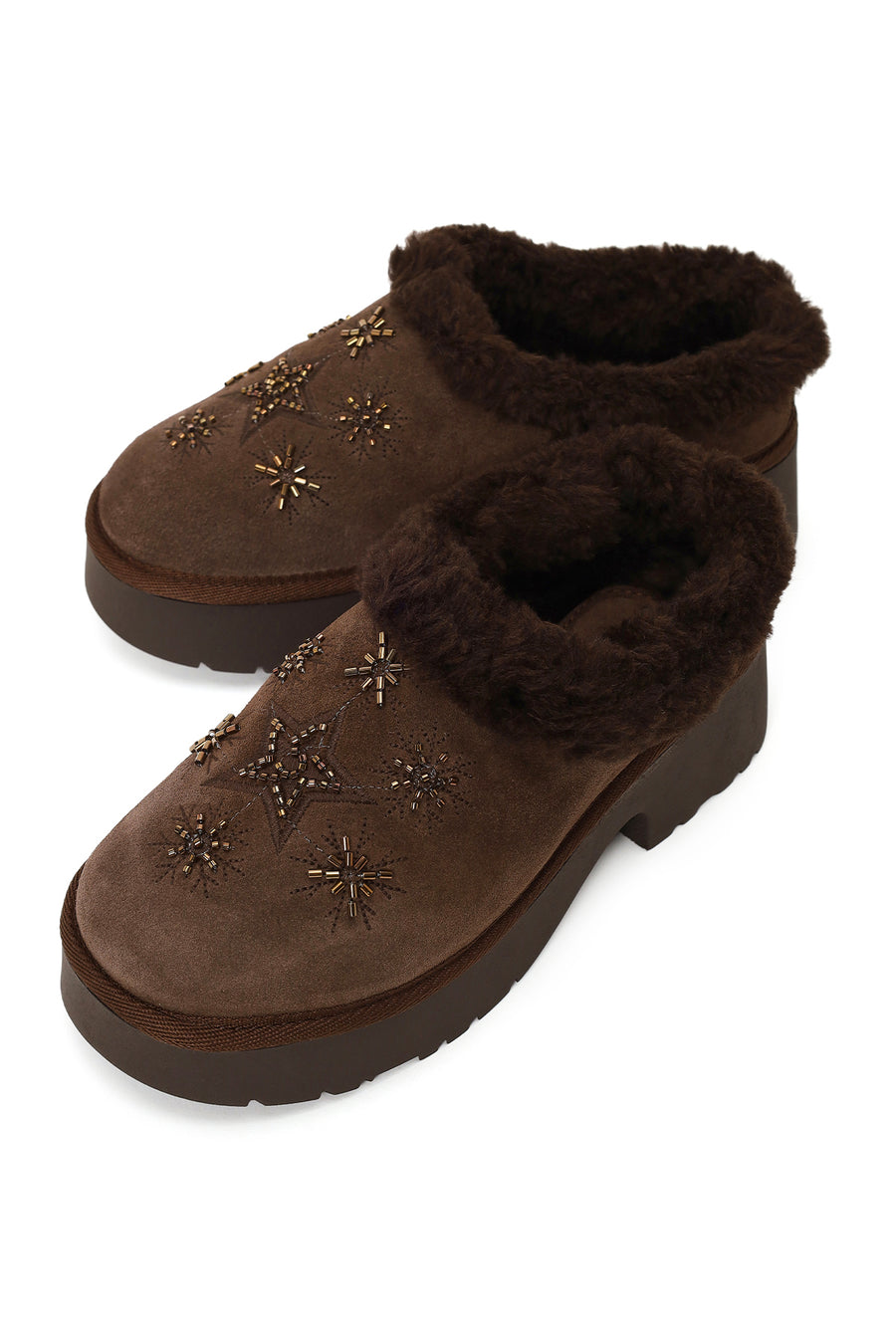 Woman Camel Thick-Soled Stone-Embellished Suede Teddy Slipper