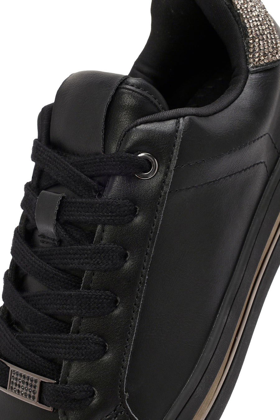 Kadın Siyah Bağcıklı Taş Detaylı Deri Sneaker
