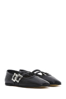 Women's Black Double Buckled Stoned Leather Ballerinas | Derimod