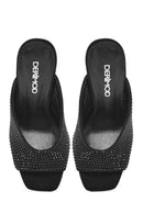 Women's Black Thick High Heeled Stoned Leather Slippers | Derimod