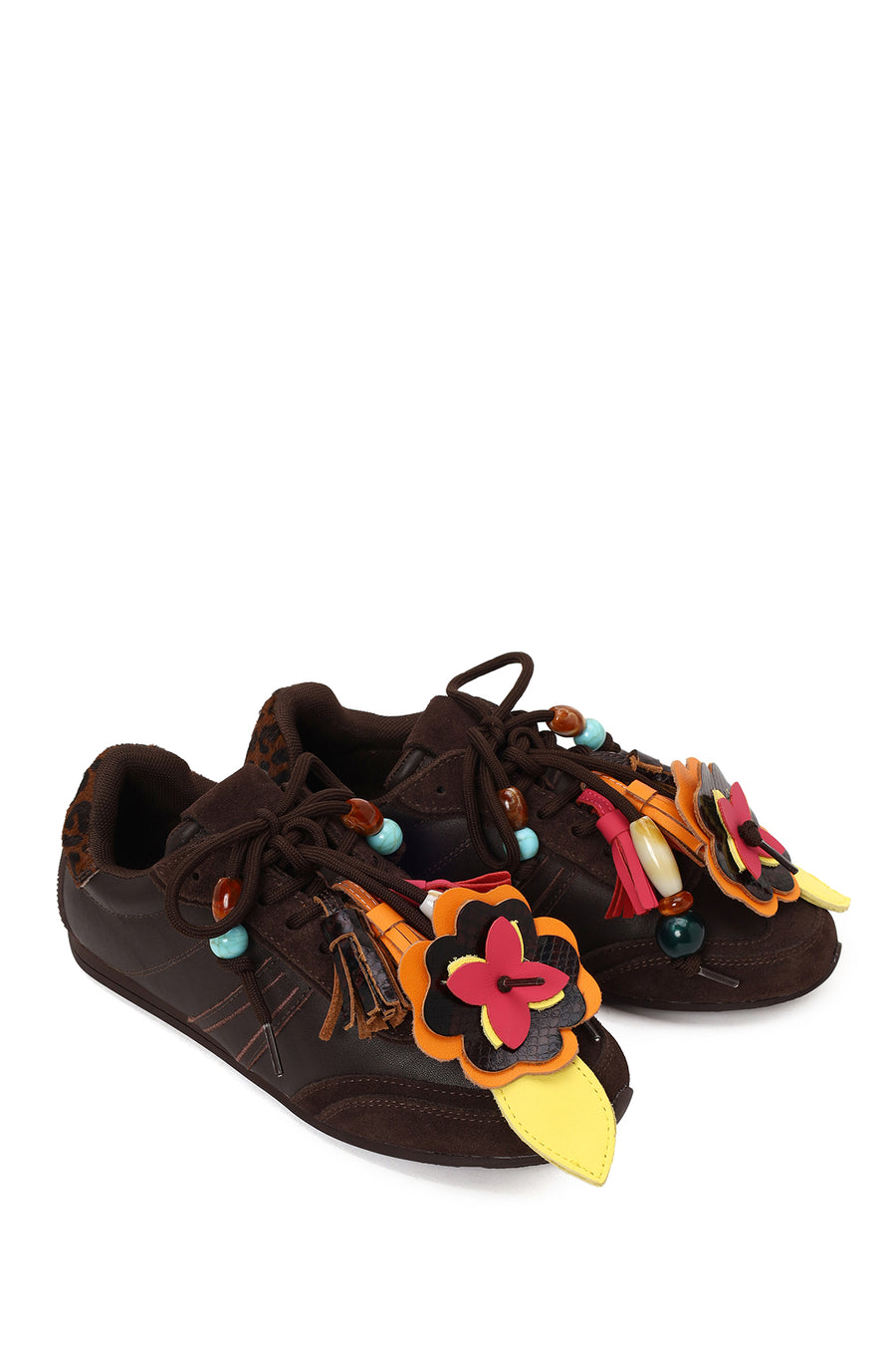 Woman Brown Lace-Up Leopard Leather Sneaker with Charm