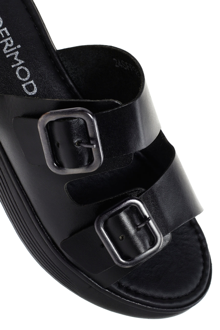 Women's Black Thick Sole Buckle Leather Slippers