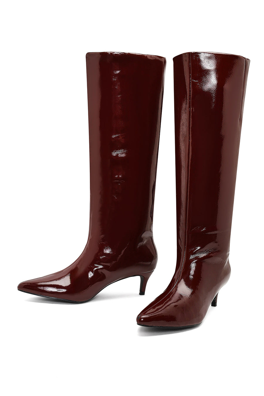 Woman Burgundy Short Thin-Heeled Patent Leather Boots
