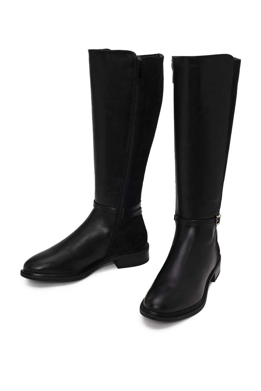 Woman Black Zip Closure Buckle Detailed Boots