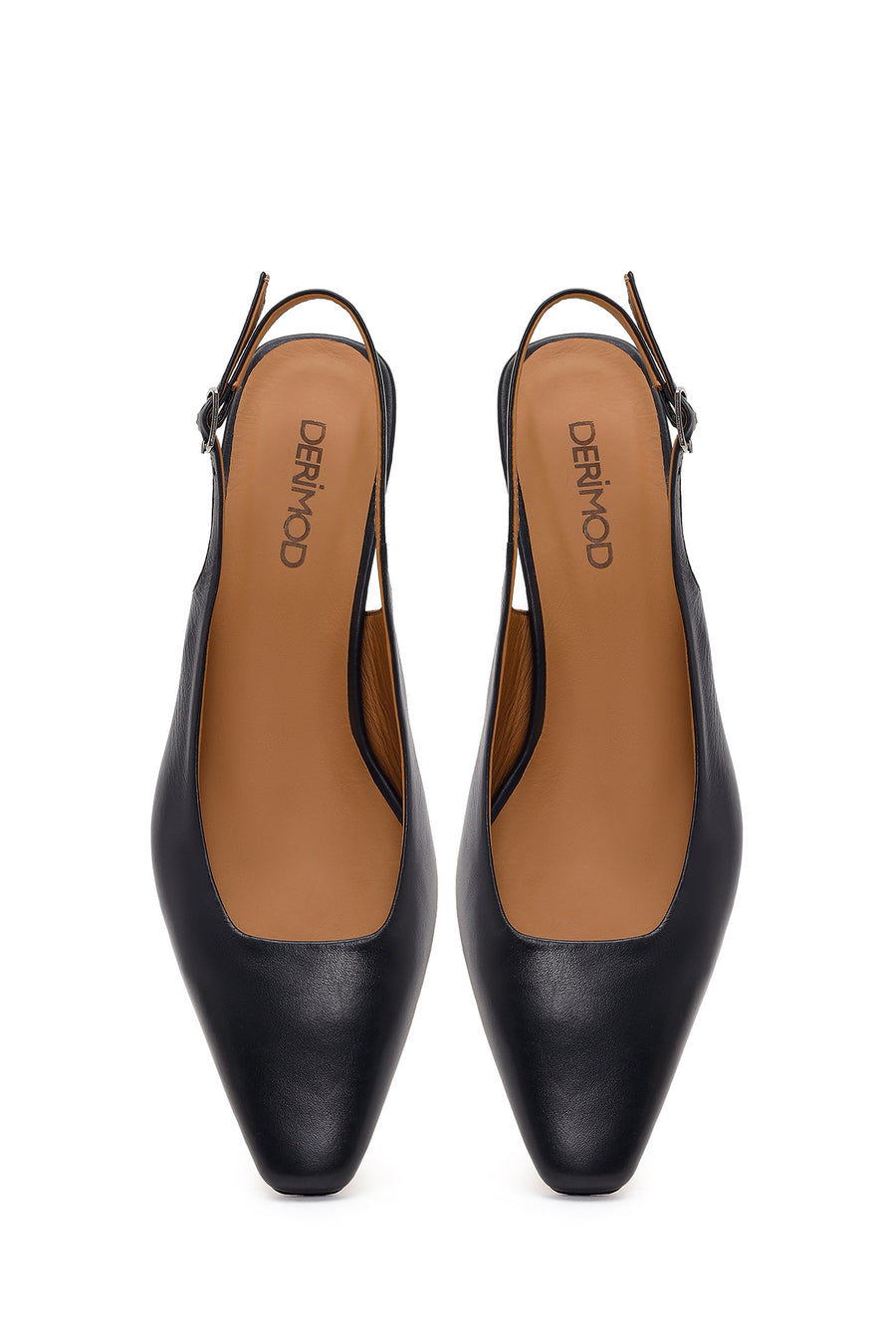 Women's Black Open Back Short Chunky Heel Leather Shoes