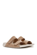 Women's Beige Double-Strap Nubuck Leather Comfort Slippers | Derimod