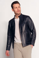 Clint Male Navy Mandarin Collar Reversible Suede Leather Jacket | Derimod