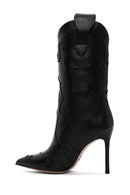 Women's Black Patterned Thin Heeled Leather Boots | Derimod