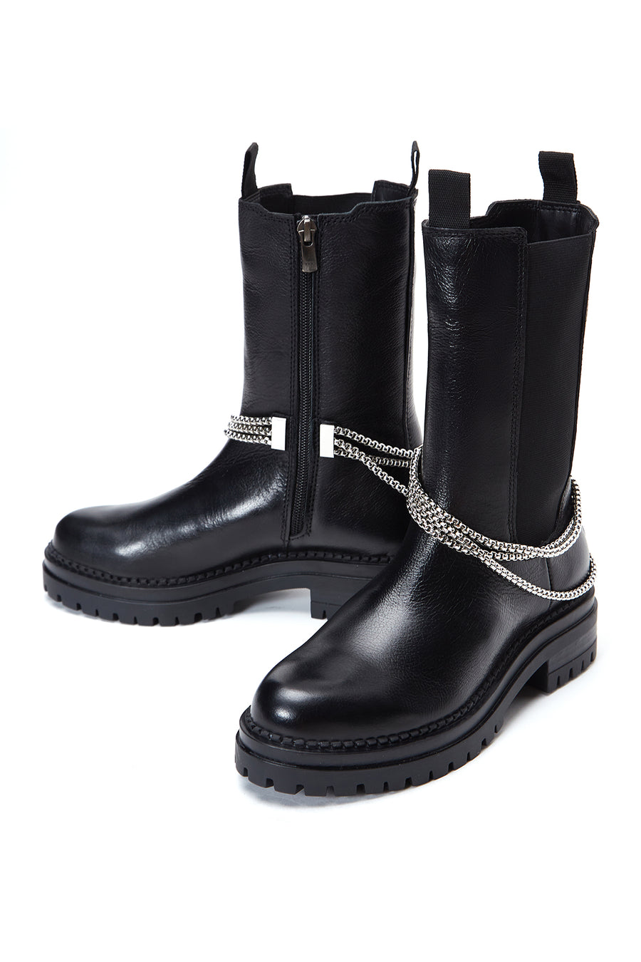 Women's Black Leather Zippered Chain Detailed Boots