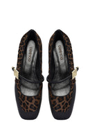 Women's Brown Buckle Detailed Leopard Patterned Leather Ballerinas | Derimod