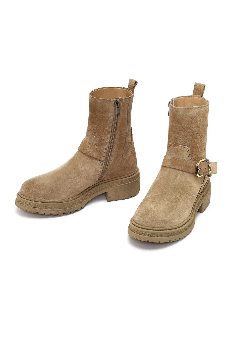 Woman Beige Zippered Thick-Soled Suede Leather Boat