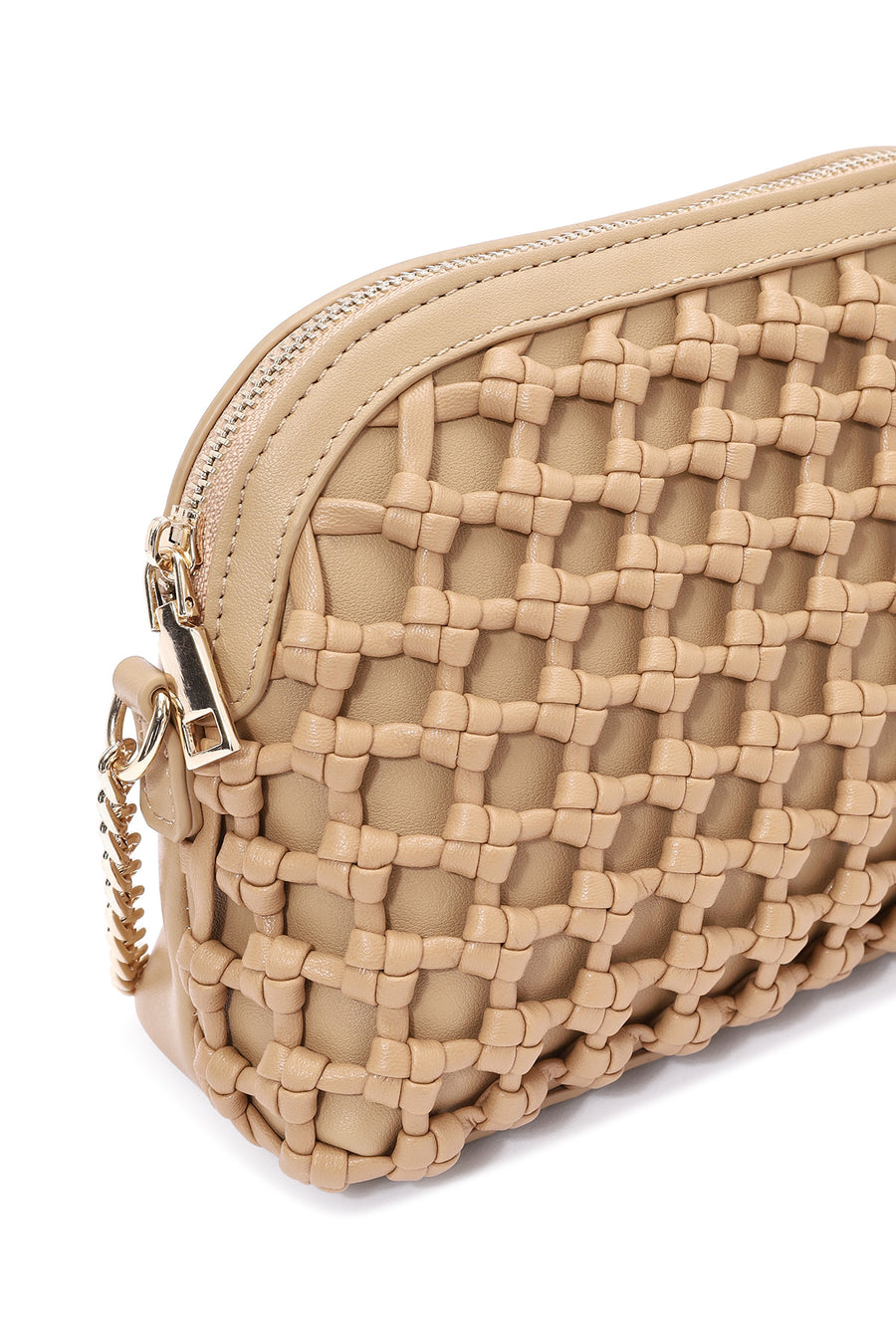 Woman Beige Long Braided Crossbody Bag with Chain Strap