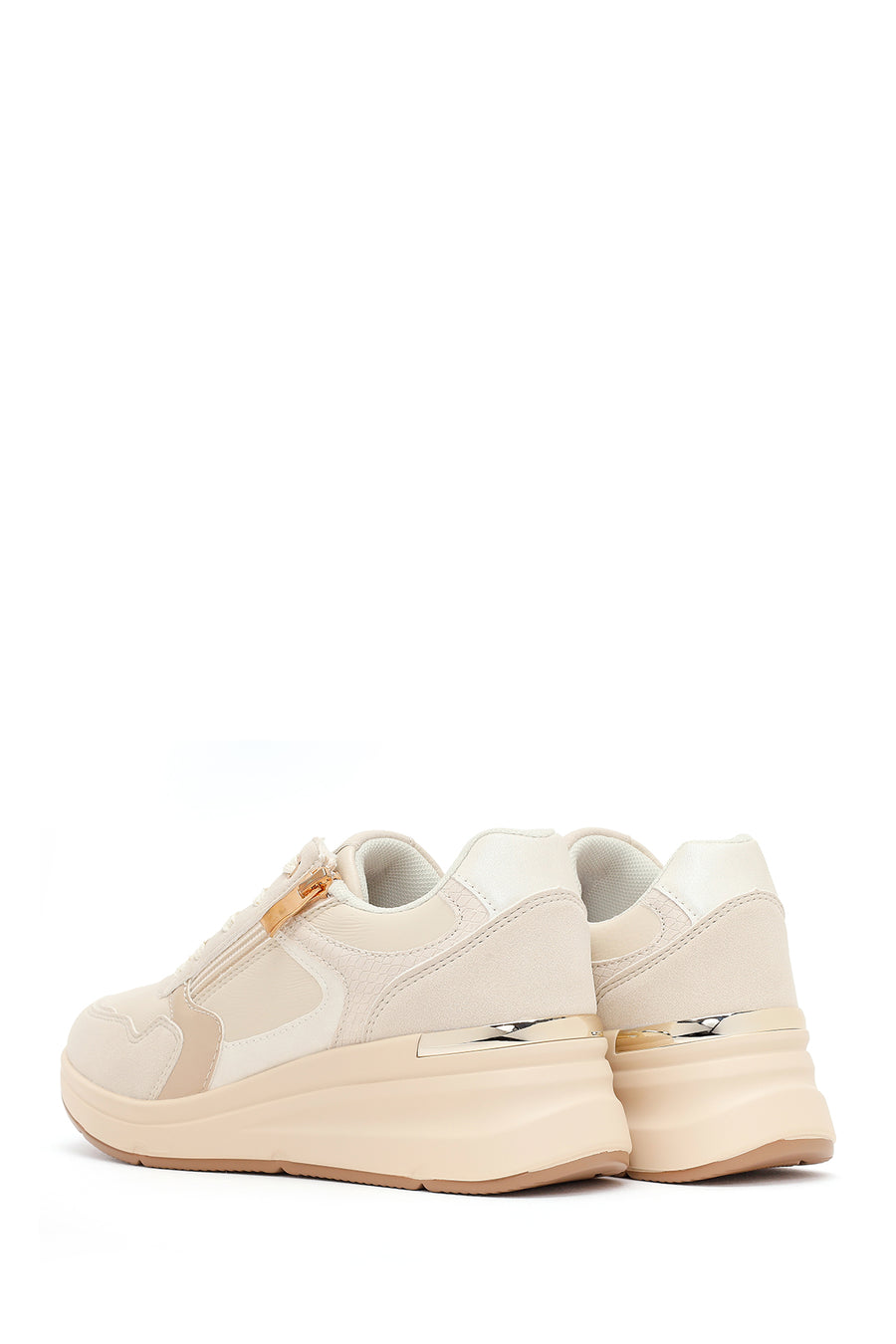 Woman Beige Side-Zip Lace-Up Chunky Platform Sneakers