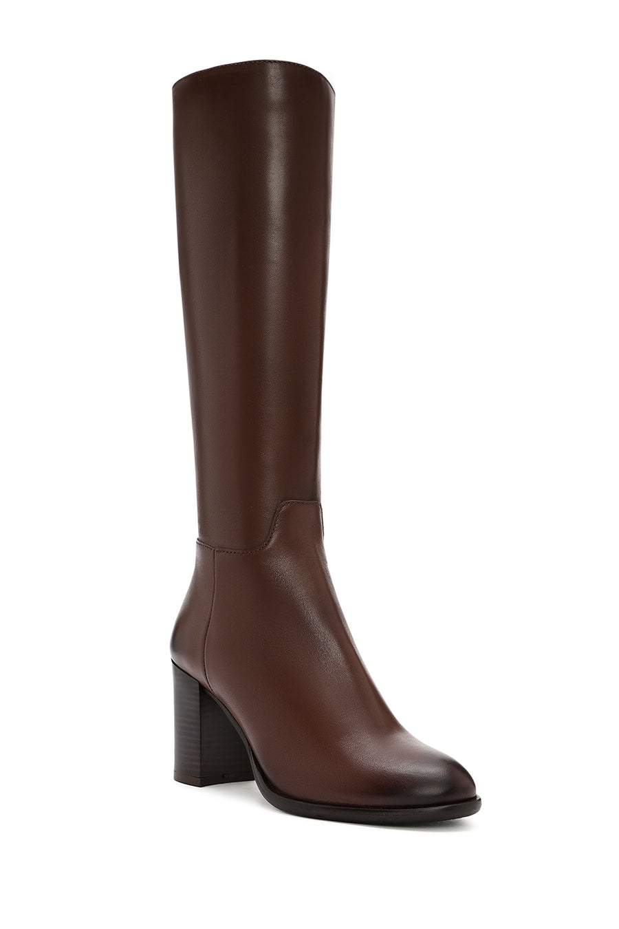 Woman Brown Zippered Chunky Heels Leather Boot