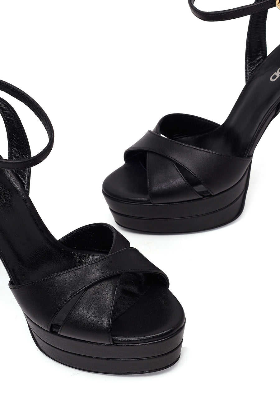 Woman Black Ankle-Strap Buckled Platform High Thick-Heel Leather Sandal