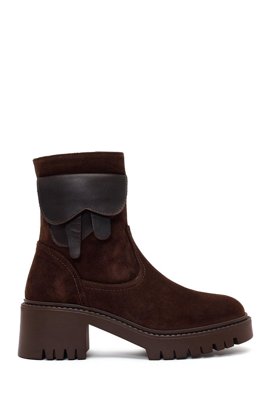 Woman Brown Zip Closure Chunky-Heeled Suede Leather Boots WF220007DS | Derimod