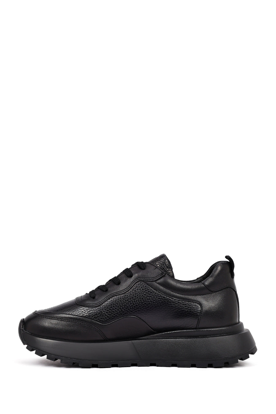 Erkek Siyah Bağcıklı Kalın Tabanlı Deri Sneaker