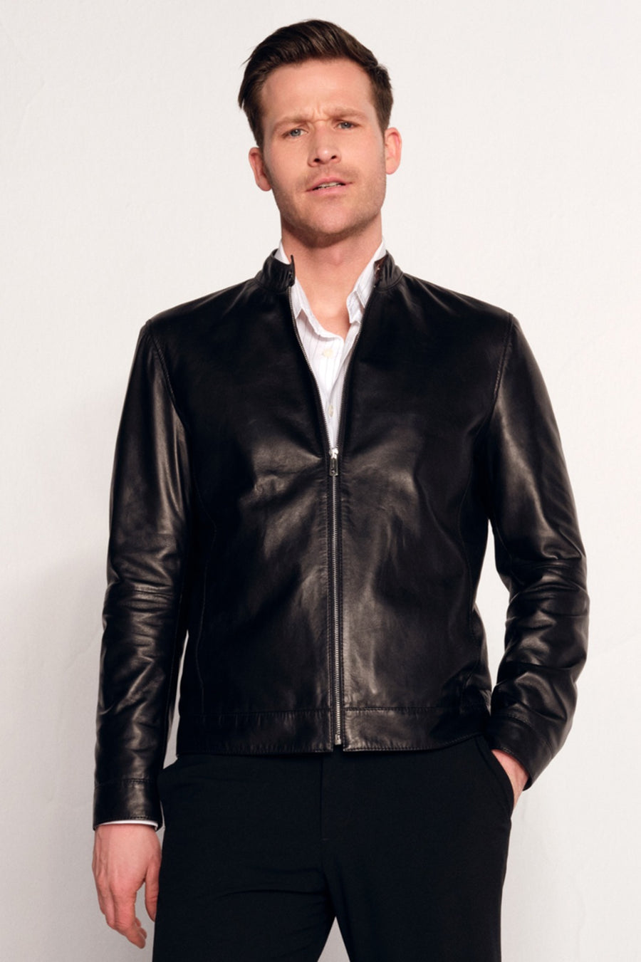 Mane Male Black Mandarin Collar Leather Jacket