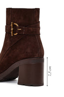 Women's Brown Zippered Thick Heel Suede Leather Boots | Derimod