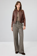 Kylie Women's Brown Mandarin Collar Leather Jacket | Derimod