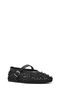 Women's Black Buckled Stoned Fishnet Ballerinas | Derimod