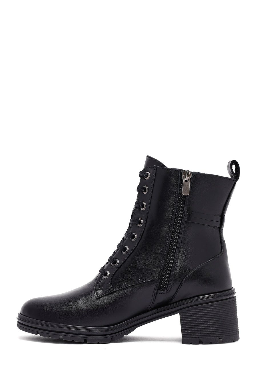 Woman Black Zippered Chunky Heels Leather Boat