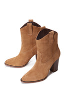 Women's Tan Suede Leather Heeled Cowboy Boots | Derimod