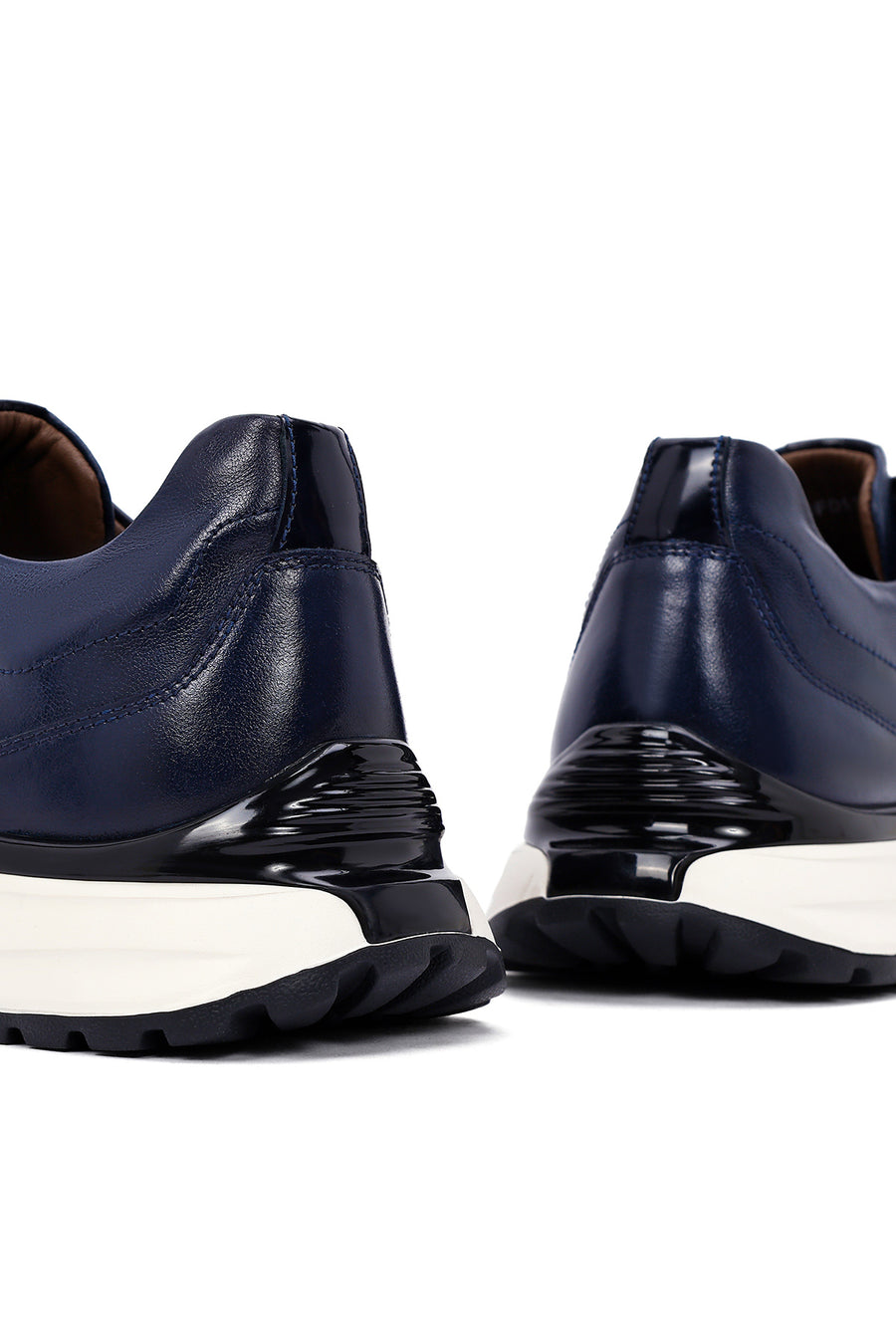 Men's Navy Blue Lace-Up Thick-Soled Leather Casual Sneakers