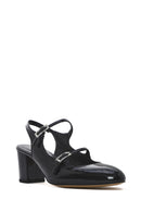 Women's Black Double Buckled Open Back Thick Heel Patent Leather Shoes | Derimod