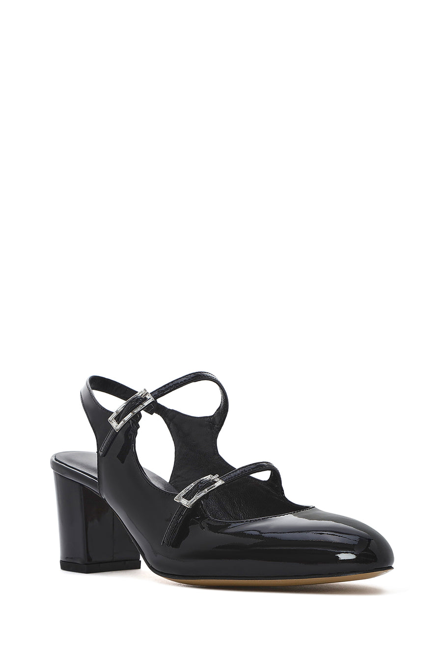 Women's Black Double Buckled Open Back Thick Heel Patent Leather Shoes