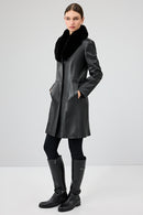 Christina Women's Black Fur Long Leather Coat | Derimod
