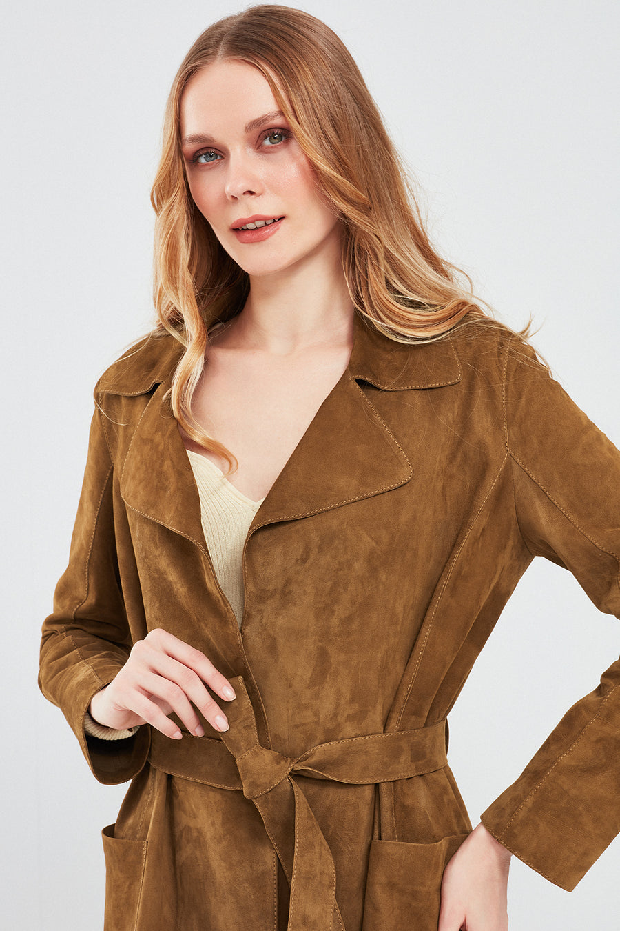 Sardinia Women's Camel Suede Leather Trench Coat