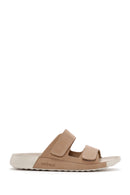 Women's Beige Double-Strap Nubuck Leather Comfort Slippers | Derimod