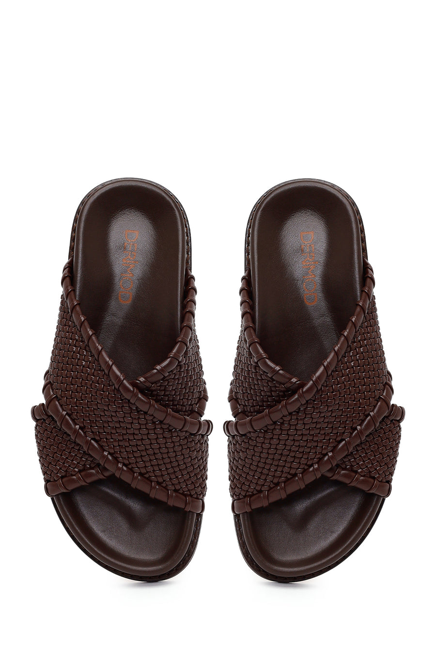 Woman Brown Knitted Patterned Leather Slipper