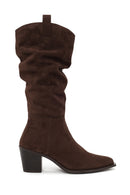 Woman Brown Zip Closure Chunky Heeled Suede Cowboy Boots | Derimod