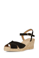 Geox Women Black Gelsa Low Ankle Buckle Wedge Heel Suede Leather Sandal | Derimod