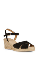 Geox Women Black Gelsa Low Ankle Buckle Wedge Heel Suede Leather Sandal | Derimod