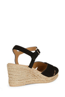 Geox Women Black Gelsa Low Ankle Buckle Wedge Heel Suede Leather Sandal | Derimod