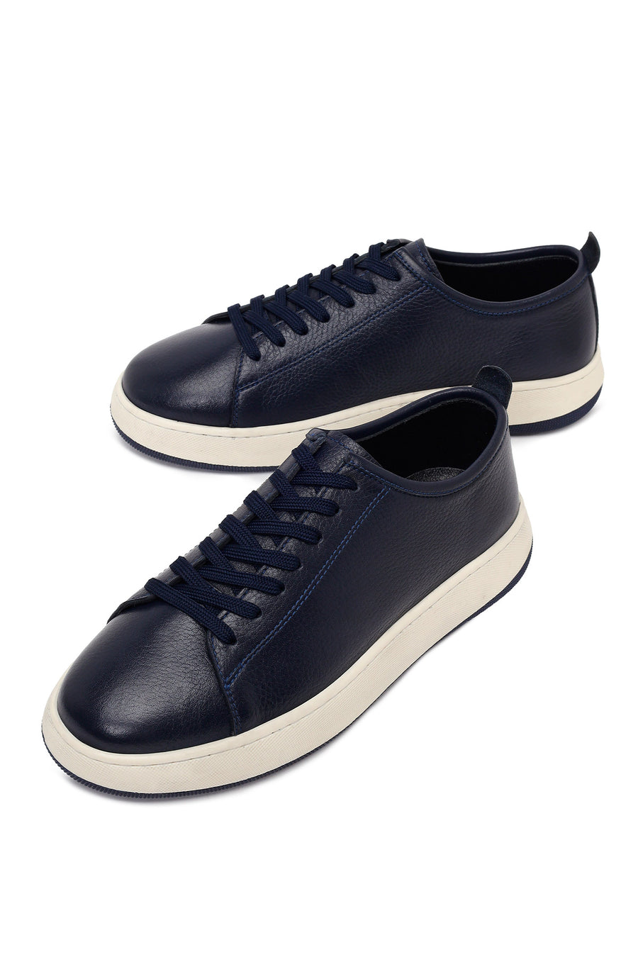 Erkek Lacivert Bağcıklı Kalın Tabanlı Deri Sneaker