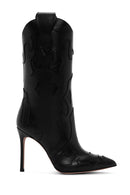 Woman Black Patterned Thin-Heeled Leather Boots | Derimod