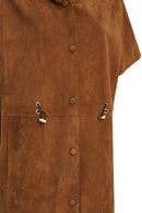 Miranda Women's Brown Hooded Suede Leather Long Vest | Derimod