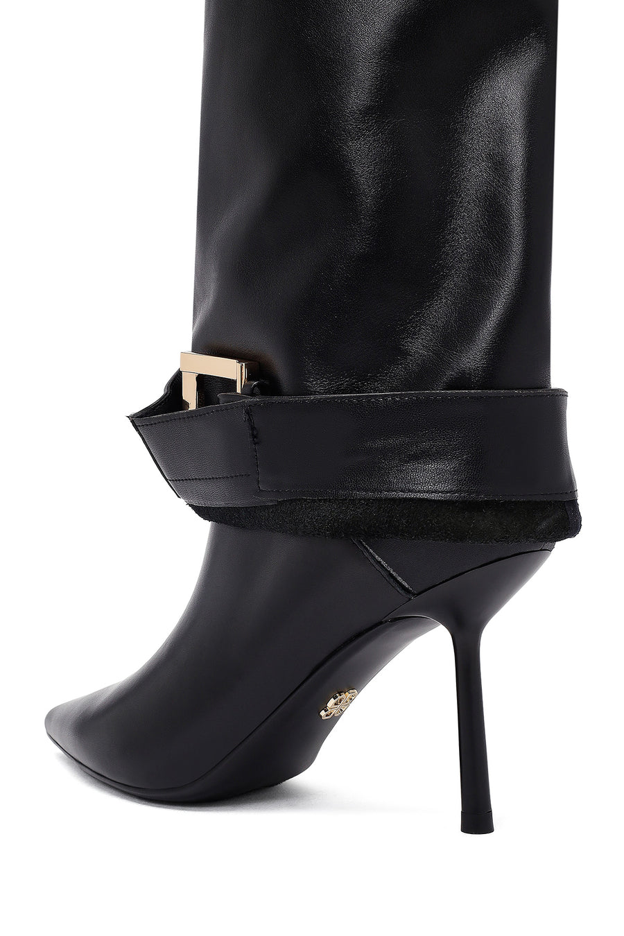Women's Black Buckled Thin Heeled Leather Boot