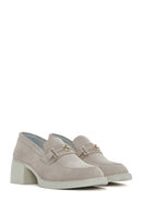 Women's Beige Buckled Thick Heel Suede Leather Masculine Loafer | Derimod