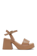 Women's Beige Ankle Buckle Chunky Heel Platform Leather Sandals | Derimod