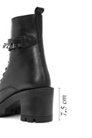 Women's Black Zippered Accessory Detailed Thick Heeled Leather Combat Boots | Derimod