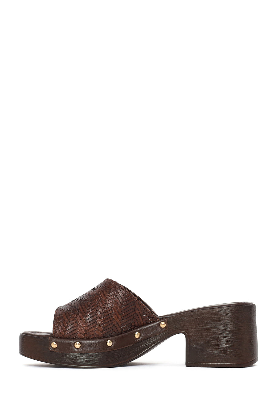 Women's Brown Patterned Short Chunky Heel Leather Slippers