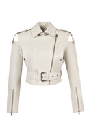 Avanti Woman Beige Off-Shoulder Short Biker Leather Jacket | Derimod