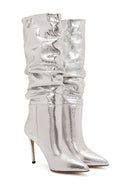 Women's Grey Thin Heel Metallic Leather Boots | Derimod